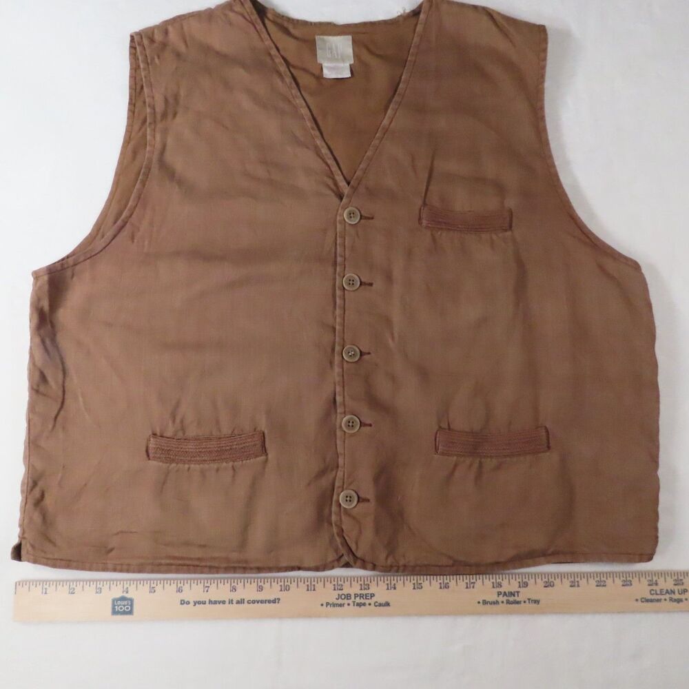 Vintage GAP Brown 100% Linen Button Front V-Neck Vest Layering Gilet Mens XL